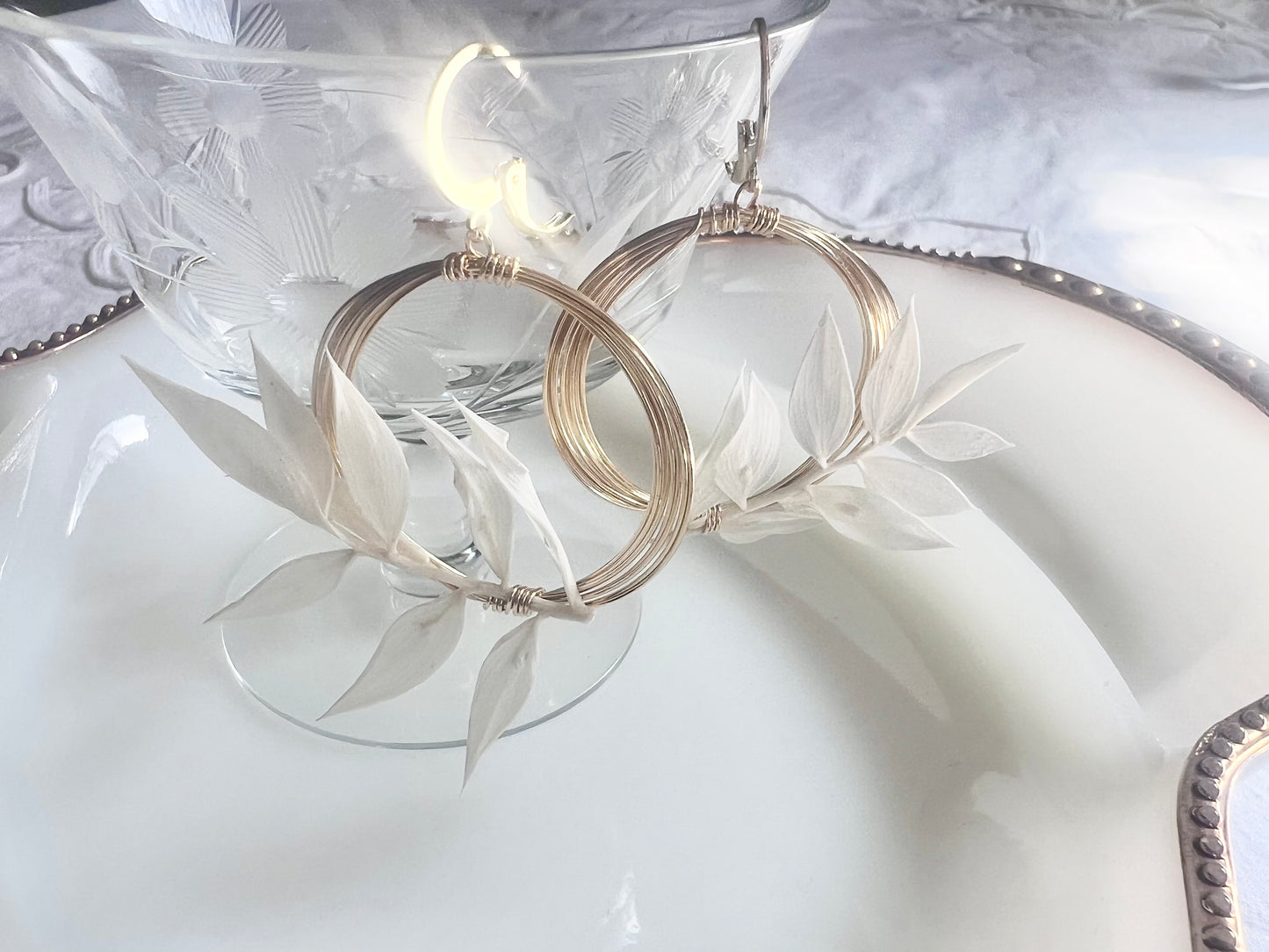 Solar Eclipse Forager Earrings * White Italian Ruscus