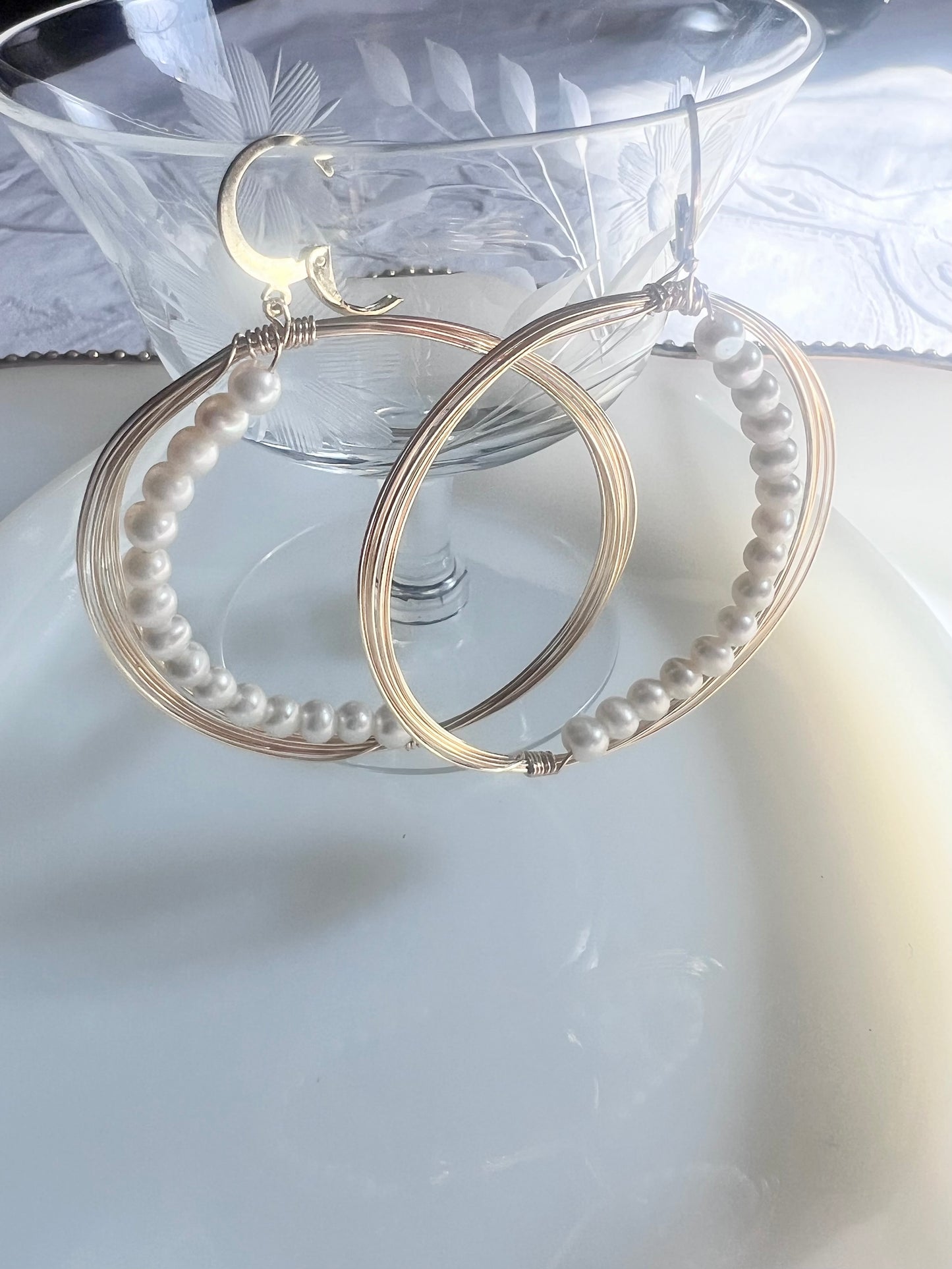Solar Eclipse Crescent Earrings - Upcycled Fresh Water Pearls - Natural White