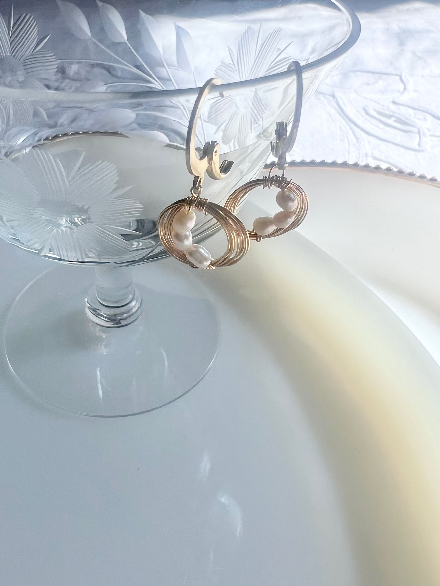 Solar Eclipse Crescent Earrings - Upcycled Fresh Water Pearls - Natural White