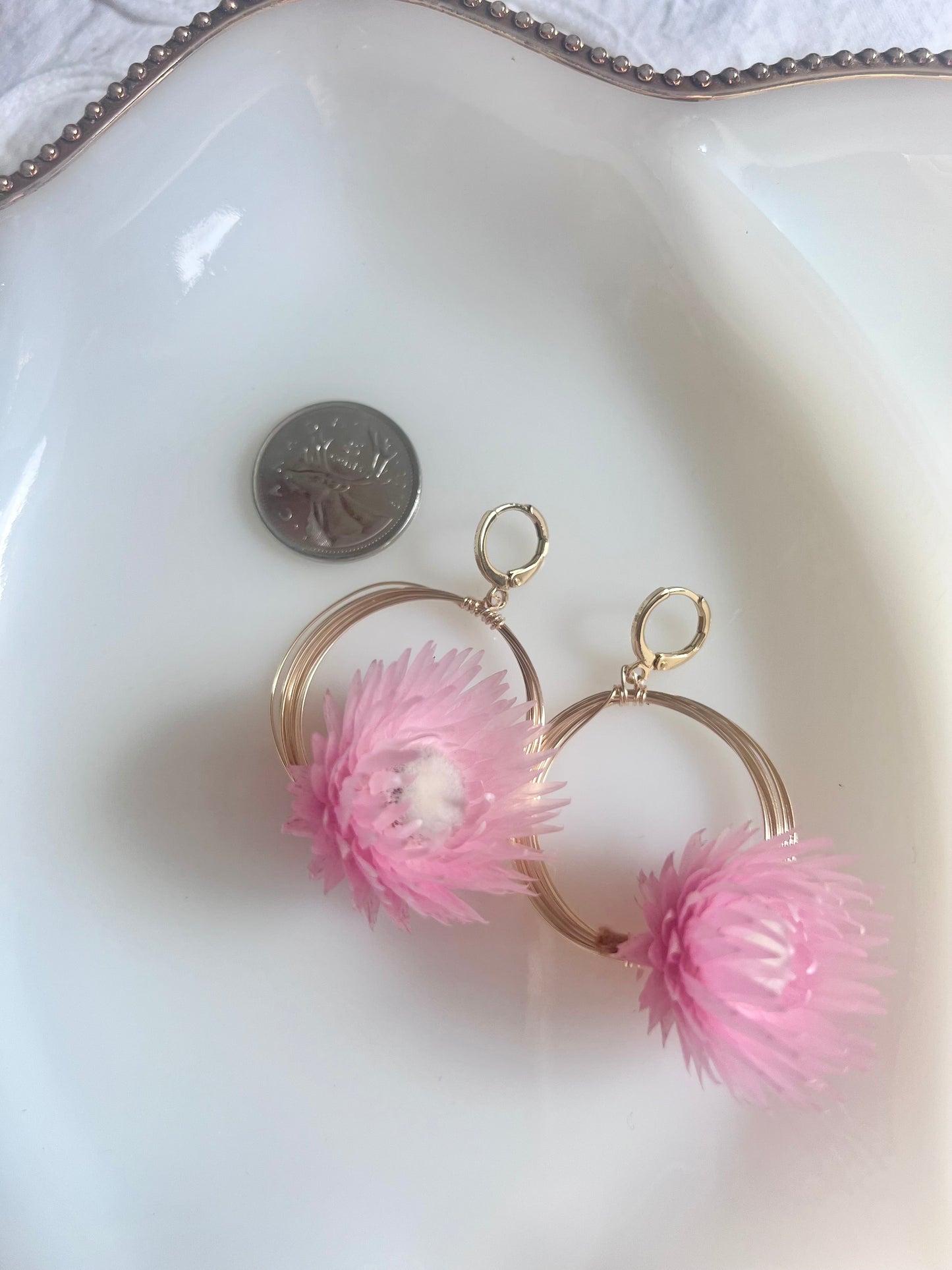 Solar Eclipse Forager Earrings * Pink Strawflower
