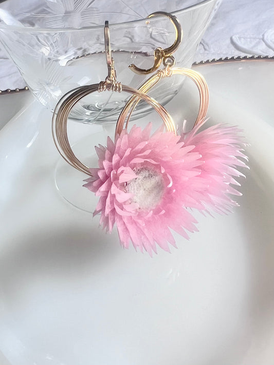 Solar Eclipse Forager Earrings * Pink Strawflower
